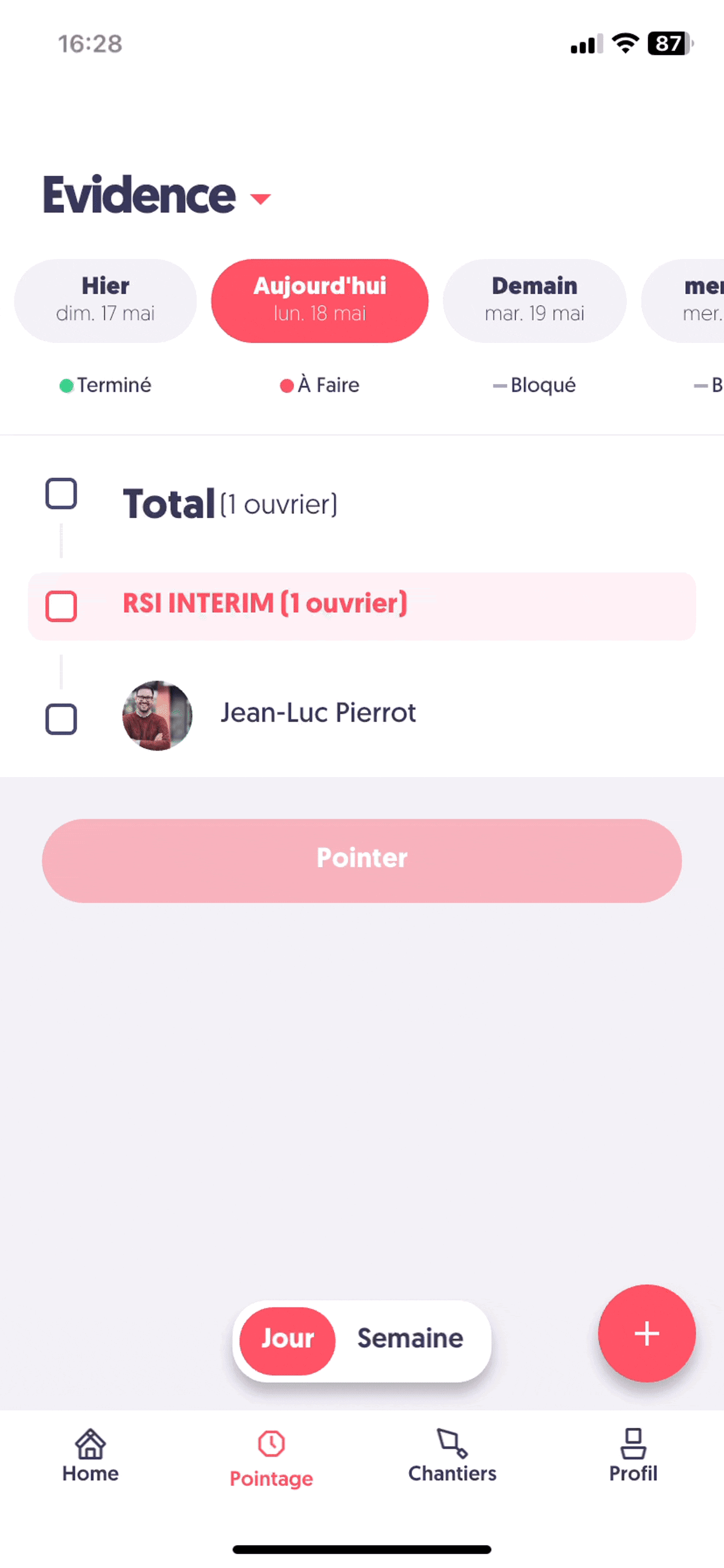 Ajouter un ouvrier non planifié — Rechercher un employé existant dans la base