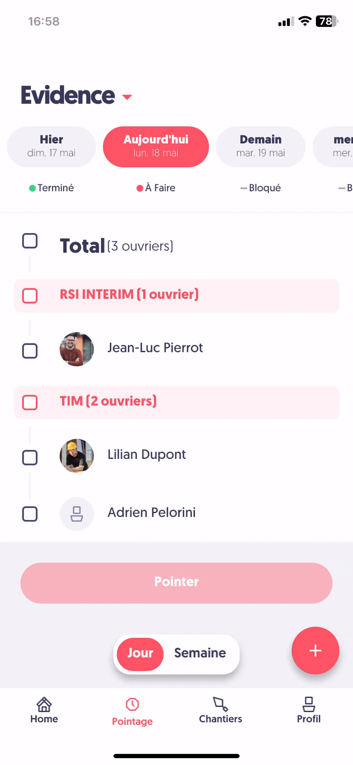 Naviguer entre les journées de pointage — Revenir sur un jour passé pour pointer ou modifier