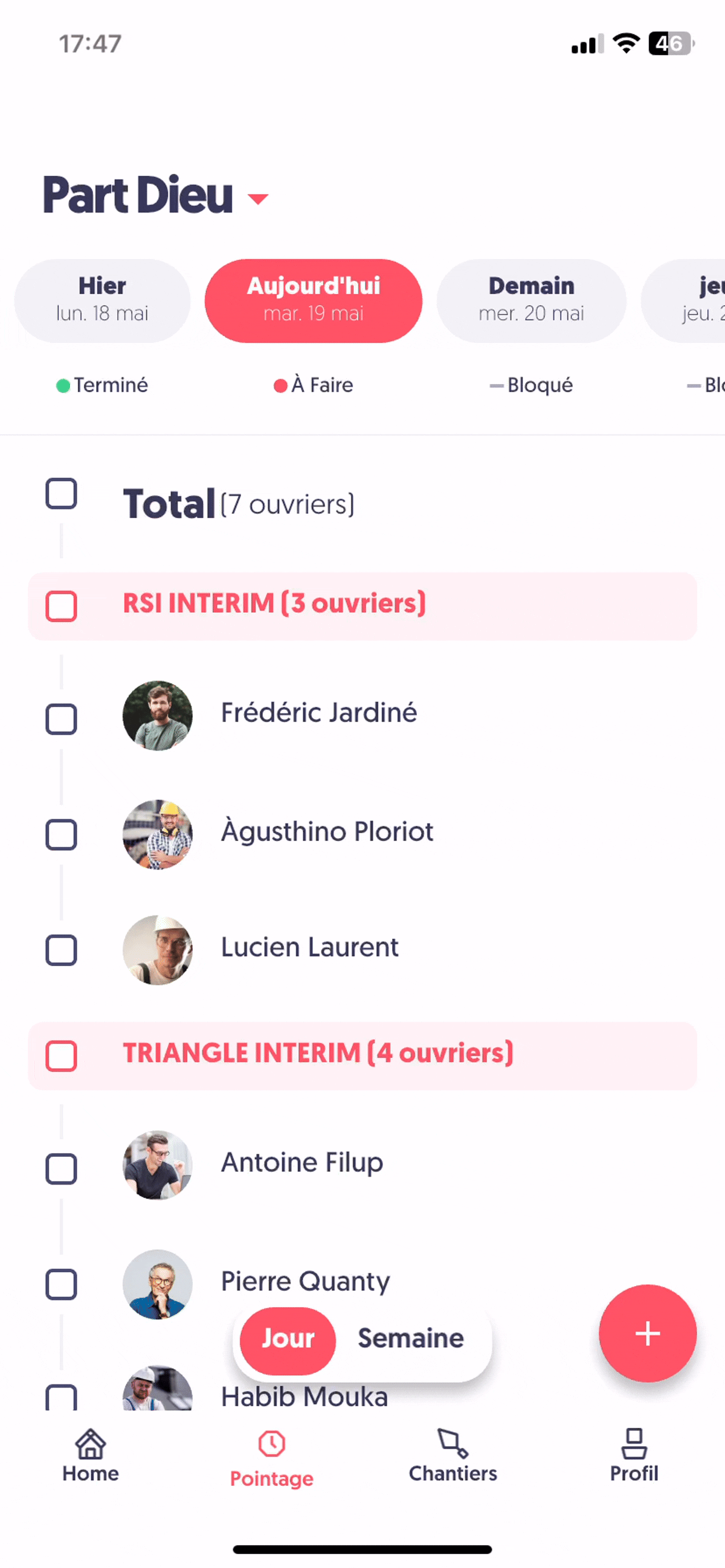 Pointer plusieurs ouvriers sur une semaine entière — Basculer en vue Semaine et lire la grille hebdomadaire