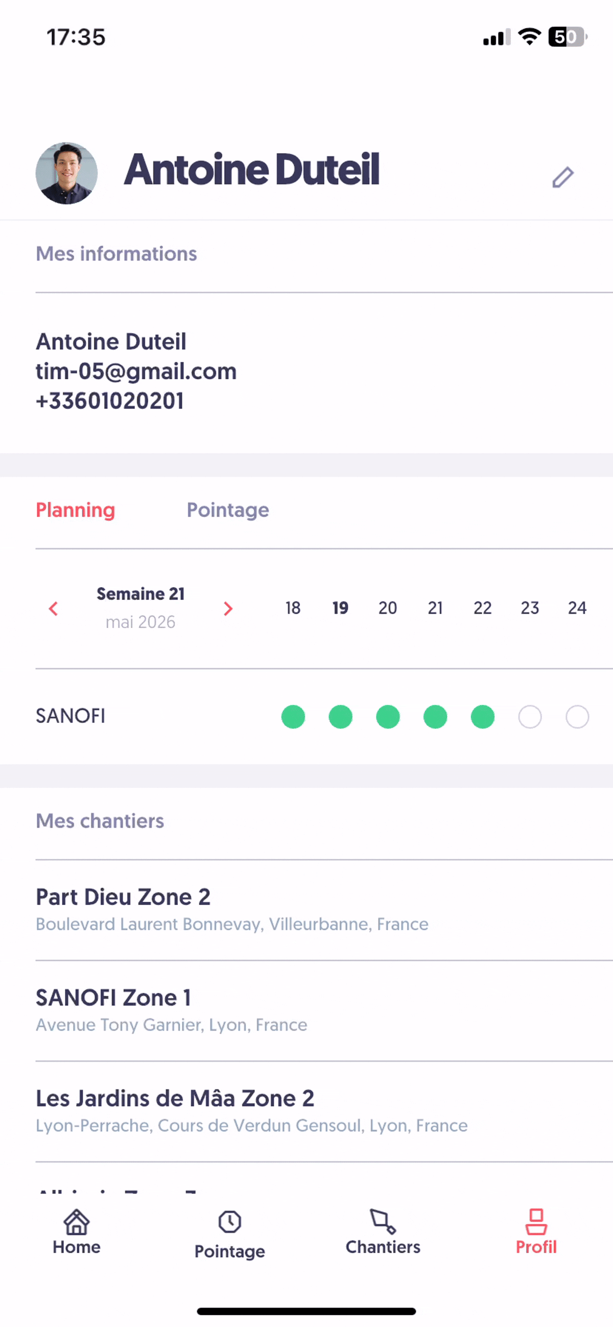 Consulter son planning et ses pointages depuis le profil — Consulter son planning hebdomadaire